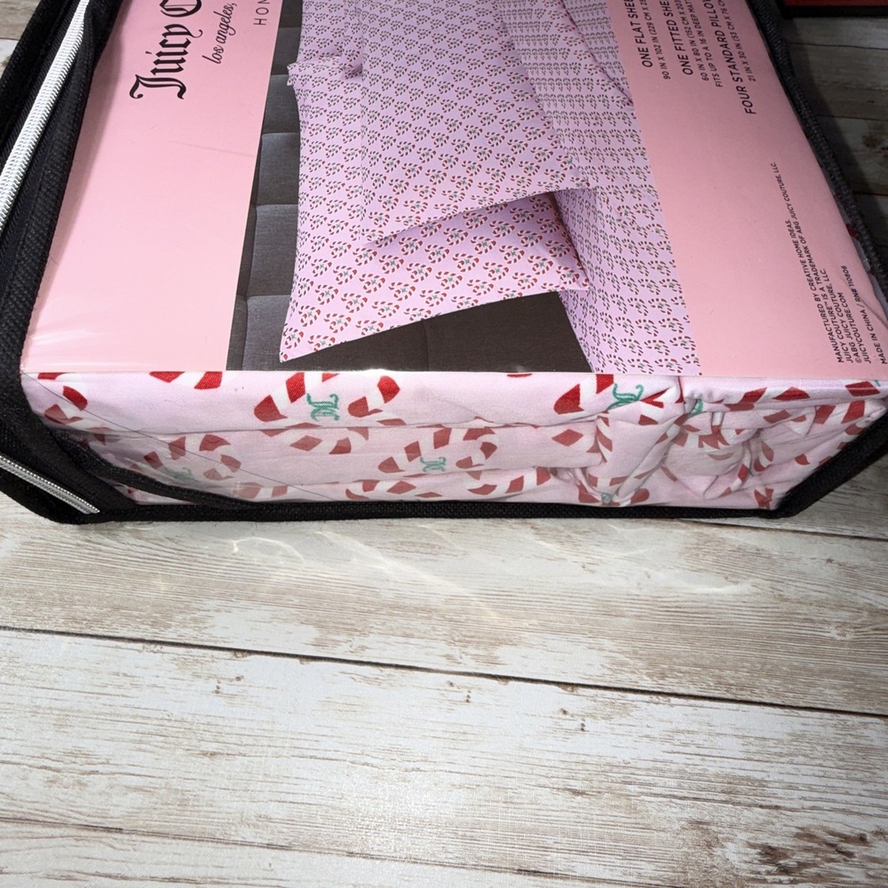 Juicy‎ Couture Queen Sheet Set Pink Candy Cane Heart Monogram 6 Piece New - Picture 7 of 8